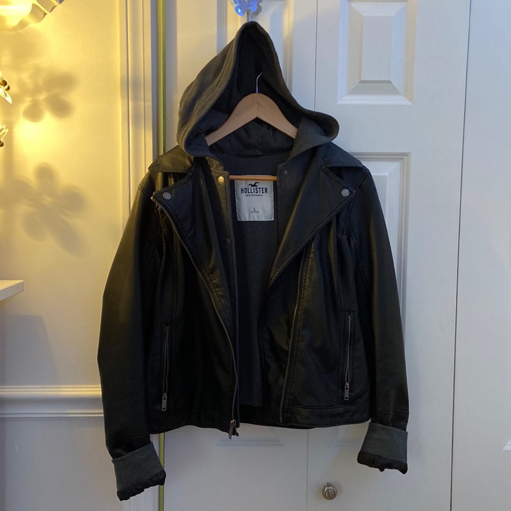 Large (Juniors) Black Hollister Hooded Leather Jacket